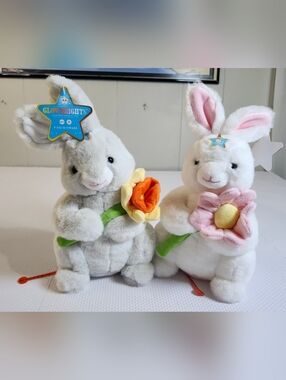 2 New FAO Schwarz White Plush Bunny with Flower